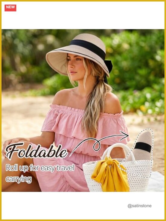 Packable Wide Brim Straw Sun Hat with Adjustable Ponytail Opening main image 4